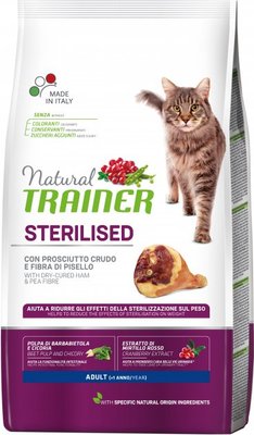 Корм Trainer Natural Super Premium Adult Sterilised with dry-cured ham сухий із сиров'яленою шинкою для стерилізованих котів 10 кг 8059149247014 фото