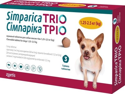 Таблетки від бліх, кліщів та гельмінтів Zoetis Сімпарика ТРІО для собак вагою від 1.25 до 2.5 кг, 3 шт 5414736055633 фото