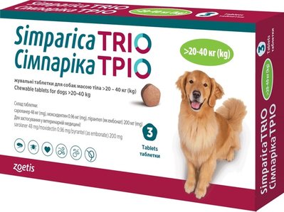 Таблетки від бліх, кліщів та гельмінтів Zoetis Сімпарика ТРІО для собак вагою від 20 до 40 кг, 3 шт 5414736055671 фото