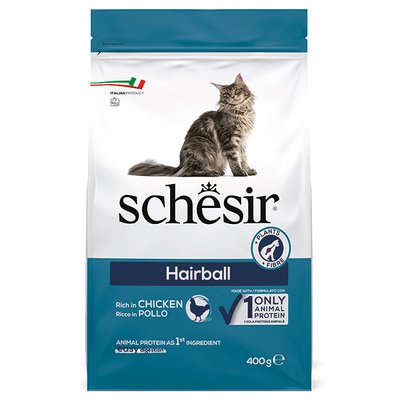 Корм Schesir Cat Hairball сухий монопротеїновий для котів з довгою шерстюна з м'ясом курки 0.4 кг 8005852760050 фото