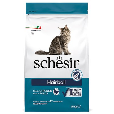 Корм Schesir Cat Hairball сухий монопротеїновий для котів з довгою шерстюна з м'ясом курки 1,5 кг 8005852760555 фото