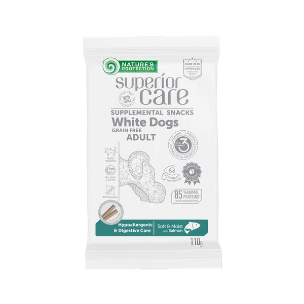 Nature's Protection Superior Care White Dogs Hypoallergenic & Digestive Care ласощі для дорослих собак всіх порід з білим окрасом шерсті беззернові з лососем 110 гр KIKNPSC47199 фото