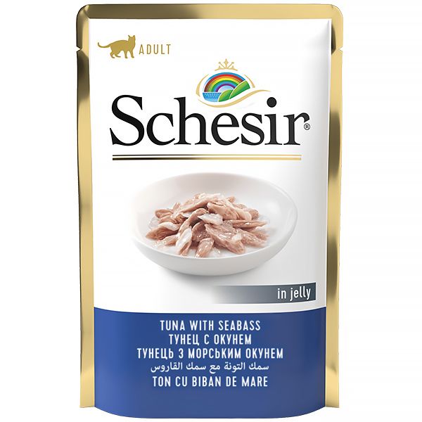 Schesir Tuna with Seabass вологий корм для котів з тунцем та морським окунем у желе 85 гр 8005852171054 фото