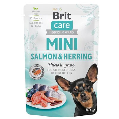 Корм Brit Care Dog Mini Fillets In Gravy Salmon and Herring влажный с лососем и сельдью для взрослых собак мелких пород 85 гр 8595602534449 фото