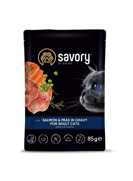 Savory Cat Pouch for Adult with Salmon and Peas in Gravy влажный корм с лососем для котов 85 гр 4820261920116 фото