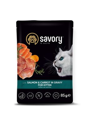 Корм Savory Cat Pouch for Kitten with Salmon and Carrot in Gravy влажный с лососем в соусе для котят 85 гр 4820261920079 фото