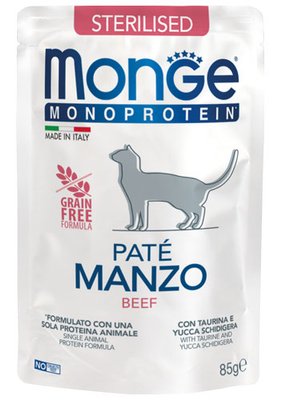 Корм Monge Cat Wet Monoprotein Sterilised Manzo вологий з яловичиною для стерилізованих котів 85 гр 8009470013741 фото