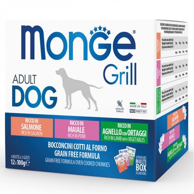 Набір вологого корму Monge Dog Wet GRILL MIX з лососем, ягнятком та свининою для дорослих собак 12 шт по 100 гр 8009470017503 фото