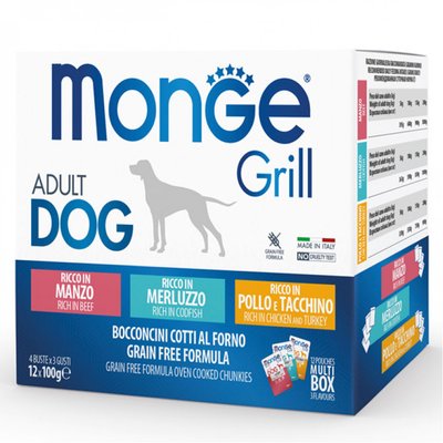 Набір вологого корму Monge Dog Wet GRILL MIX з тріскою, індичкою та куркою, яловичиною для дорослих собак 12 шт по 100 гр 8009470017510 фото