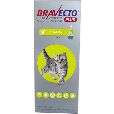 Краплі від бліх, кліщів та глистів Bravecto Plus (Бравекто Плюс) для котів вагою від 1.2 до 2.8 кг 8713184196149 фото