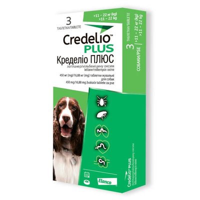 Таблетки від бліх, кліщів та гельмінтів Elanco Credelio Plus для собак вагою від 11 до 20 кг, 3 шт. 5420036941187 фото