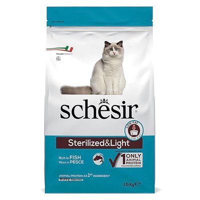 Корм Schesir Cat Sterilized & Light сухий монопротеїновий з рибою для кастрованих котів або котів схильних до повноти 1.5 кг 8005852107503 фото