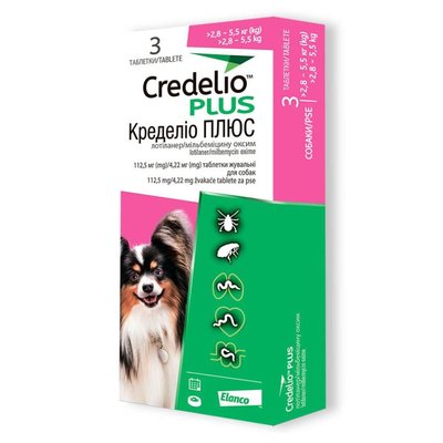 Таблетки від бліх, кліщів та гельмінтів Elanco Credelio Plus для собак вагою від 2.8 до 5.5 кг, 3 шт. 5420036941163 фото