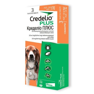 Таблетки від бліх, кліщів та гельмінтів Elanco Credelio Plus для собак вагою від 5.5 до 11 кг, 3 шт. 5420036941170 фото