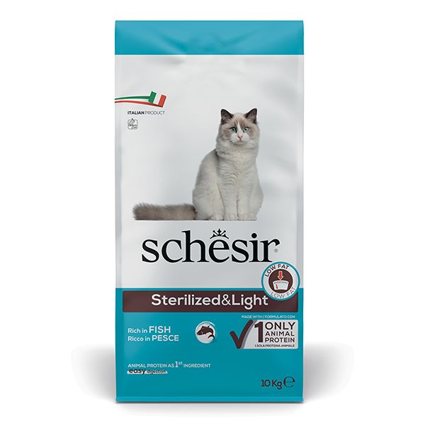 Schesir Cat Sterilized & Light сухой корм монопротеиновый с рыбой для кастрированных котов или котов склонных к полноте 10 кг 8005852119155 фото