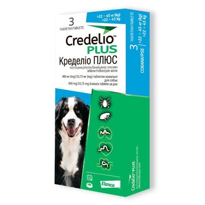 Таблетки від бліх, кліщів та гельмінтів Elanco Credelio Plus для собак вагою від 22 до 45 кг, 3 шт. 5420036941194 фото