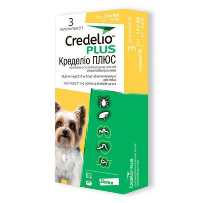 Таблетки від бліх, кліщів та гельмінтів Elanco Credelio Plus для собак вагою від 1.4 до 2.8 кг, 3 шт. 5420036941156 фото