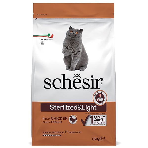 Schesir Cat Sterilized & Light сухой корм монопротеиновый для кастрированных котов или котов склонных к полноте 1.5 кг 8005852760562 фото