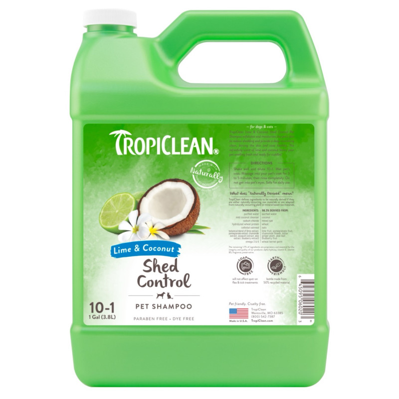 TropiClean Shed Control шампунь с лаймом и кокосом для ускорения линьки у собак и котов, 3.79 л