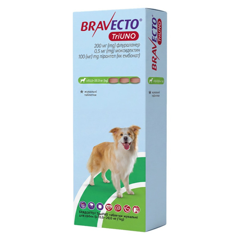 Bravecto TriUNO таблетки від кліщів, бліх та глистів для собак 10-20 кг, 3 шт