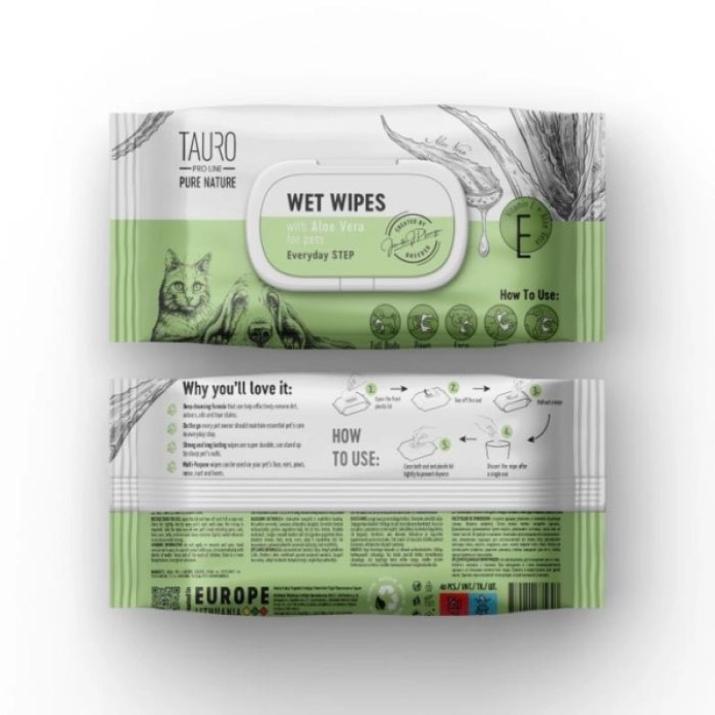 Tauro Pro Line Pure Nature Aloe Vera вологі серветки для догляду за тваринами, 40 шт - фото 2