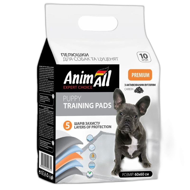 AnimAll Puppy Training Pads одноразові пелюшки для собак з активованим вугіллям, 60×60 см, 10 шт