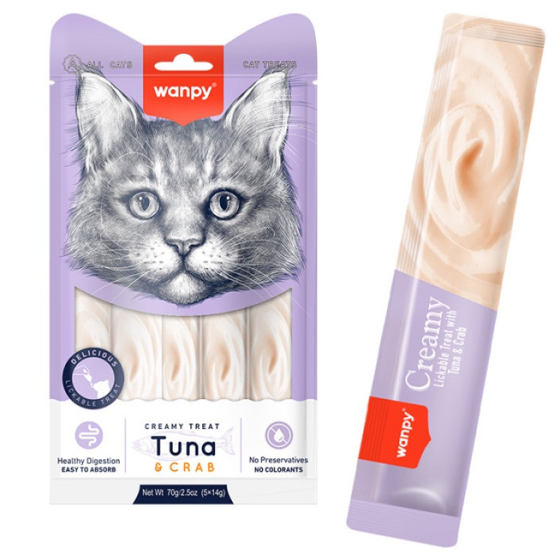 Wanpy Creamy Lickable Treats Tuna & Crab рідкі ласощі для котів з тунцем та крабом, 5 шт х 14 гр