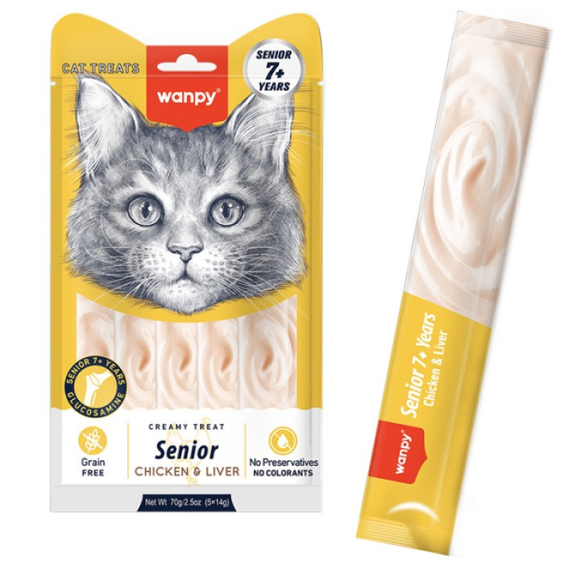 Wanpy Creamy Treats Senior Chicken & Liver жидкое лакомство для пожилых котов с курицей, 5 шт х 14 г
