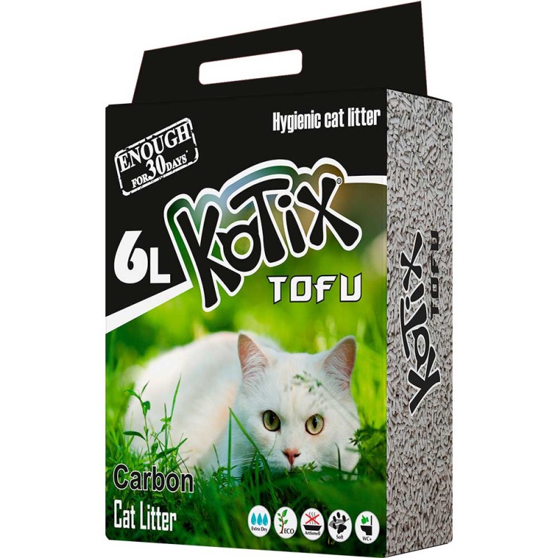 Kotix Tofu Carbon соевый наполнитель с активированным углем для кошачьего туалета, 6 л