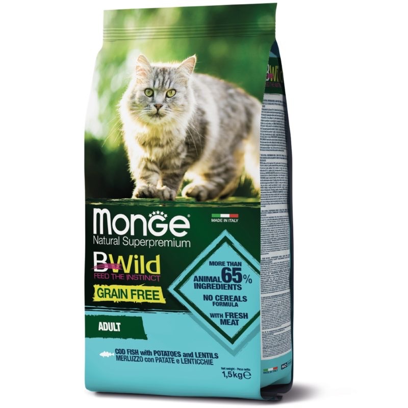 Monge BWild GF Cat Merluzzo сухой корм с треской для котов, 1.5 кг