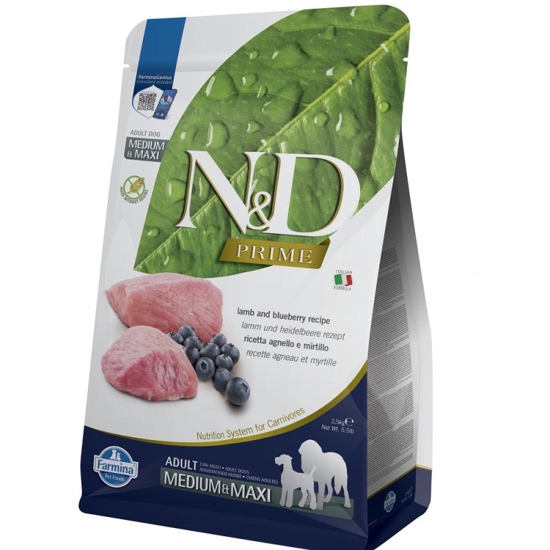 Farmina N&D Prime Dog Lamb & Blueberry Adult Medium & Maxi сухой корм с ягненком для собак средних и крупных пород, 2.5 кг