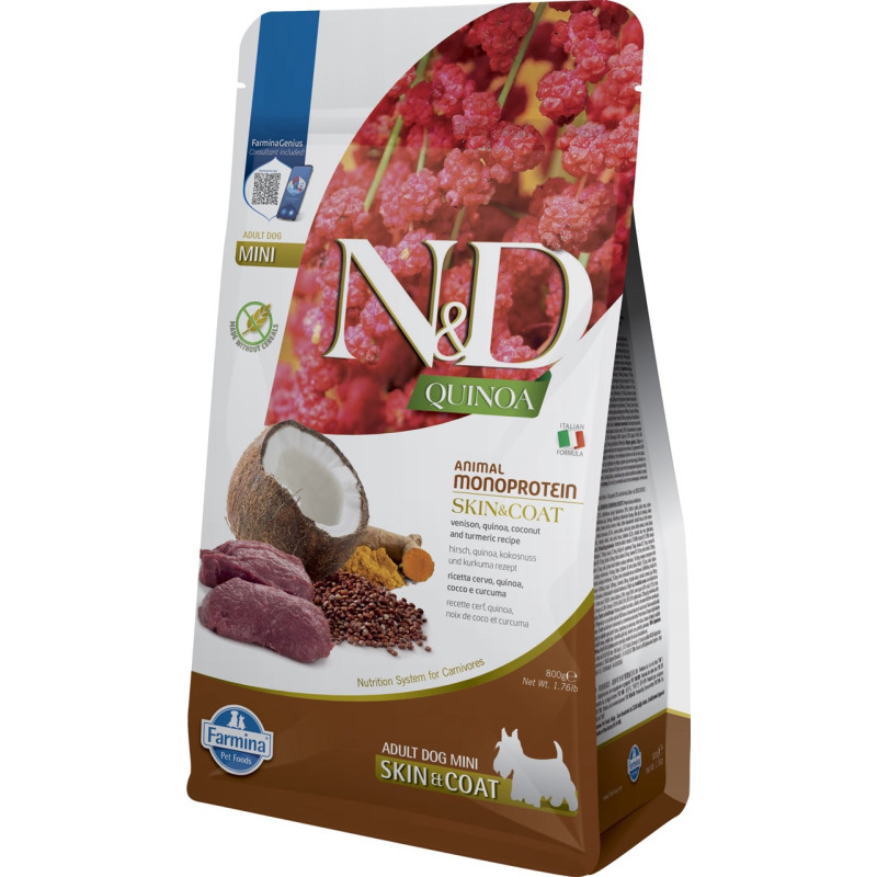 Farmina N&D Quinoa Dog Skin & Coat, Venison & Coconut Adult Mini cухой корм с олениной для собак малых пород, 800 гр