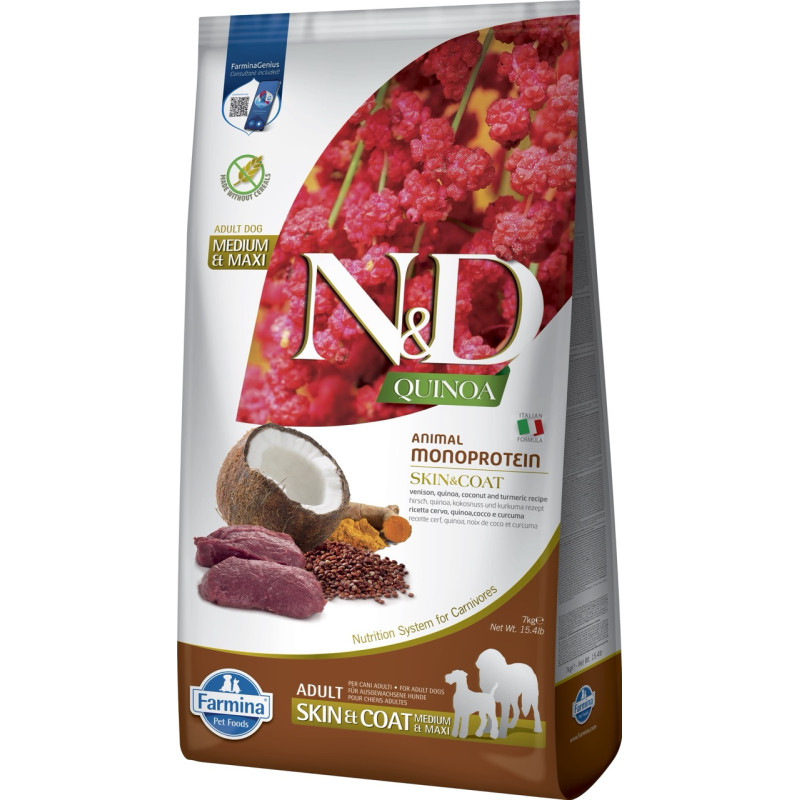 Farmina N&D Quinoa Dog Skin & Coat, Venison & Coconut Adult Medium & Maxi сухой корм с олениной для собак, 7 кг