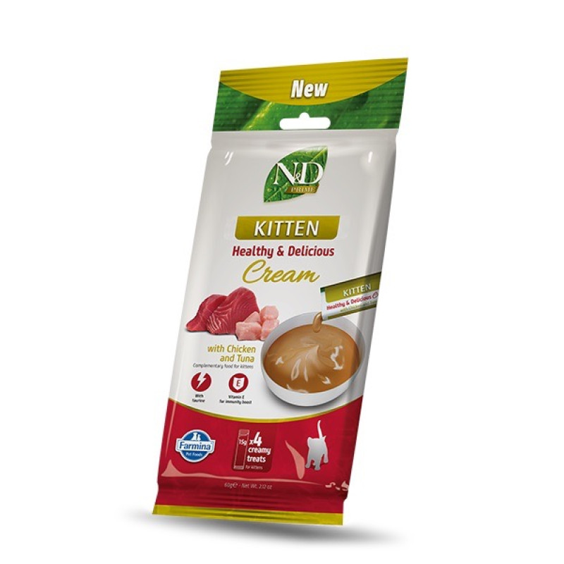 Farmina N&D GF Prime Cat Cream Chicken & Tuna Kitten жидкие лакомства для котят с курицей и тунцом, 15 г х 4 шт
