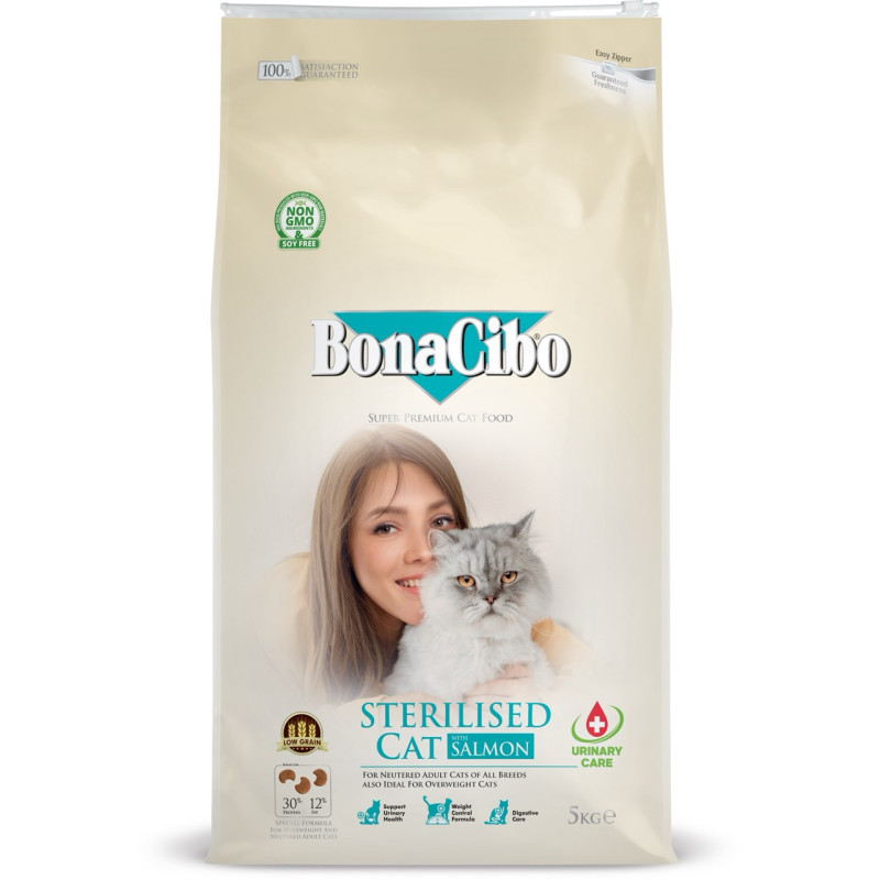 BonaCibo Adult Cat Sterilised Salmon сухий корм із лососем для стерилізованих котів, 5 кг