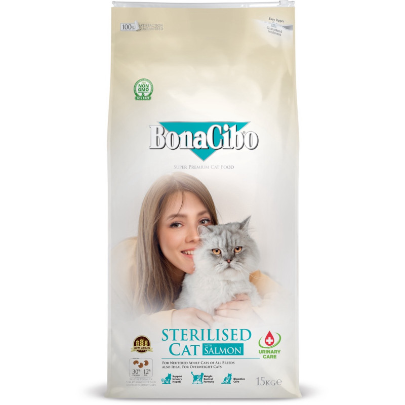 BonaCibo Adult Cat Sterilised Salmon сухий корм із лососем для стерилізованих котів, 15 кг