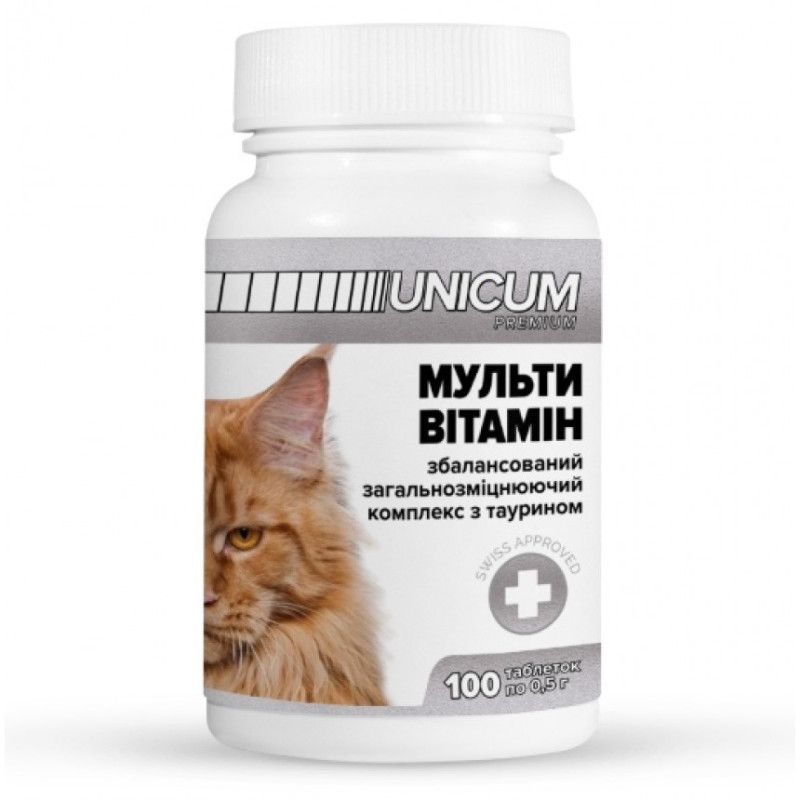 Unicum Premium мультивитаминный комплекс с таурином для котов, 100 табл