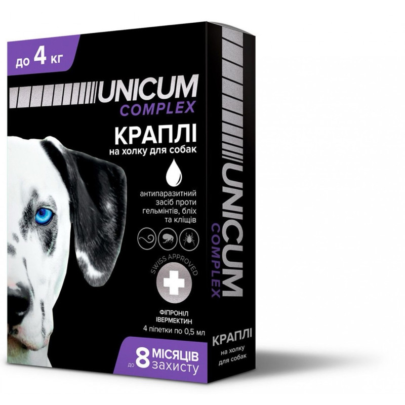 Unicum Complex краплі від бліх, кліщів та глистів для собак до 4 кг, 4 піп