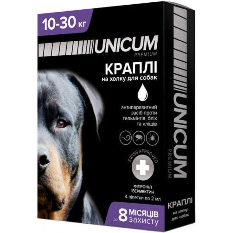 Unicum Complex краплі від бліх, кліщів та глистів для собак 10-30 кг, 4 піп