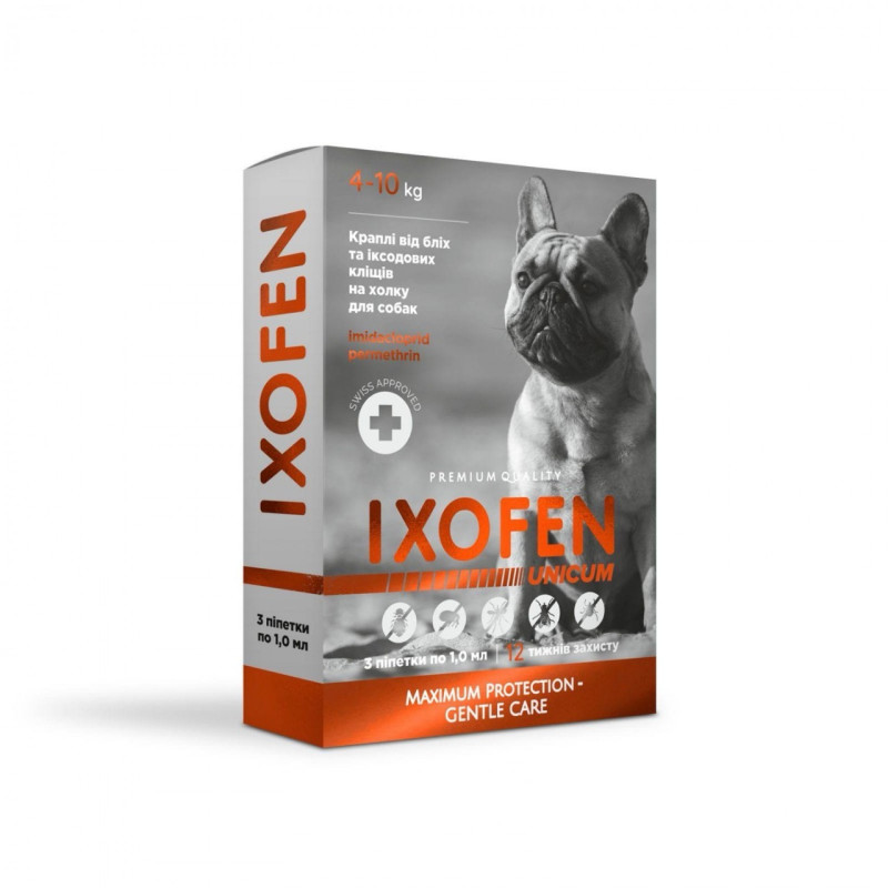 Unicum Ixofen краплі від бліх та кліщів для собак вагою 4-10 кг, 3 піп