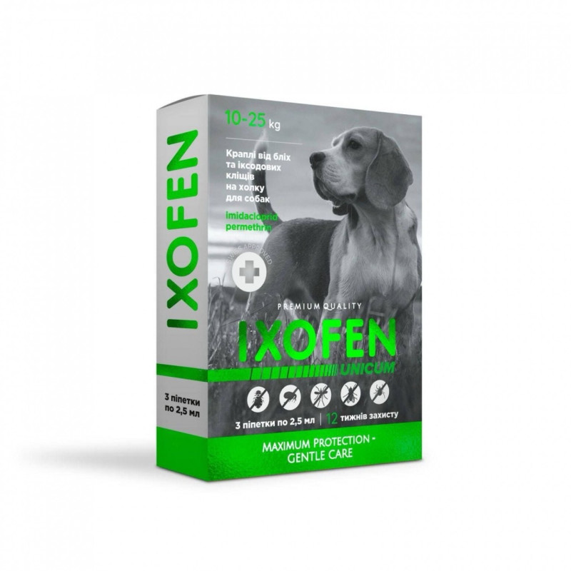 Unicum Ixofen краплі від бліх та кліщів для собак вагою 10-25 кг, 3 піп