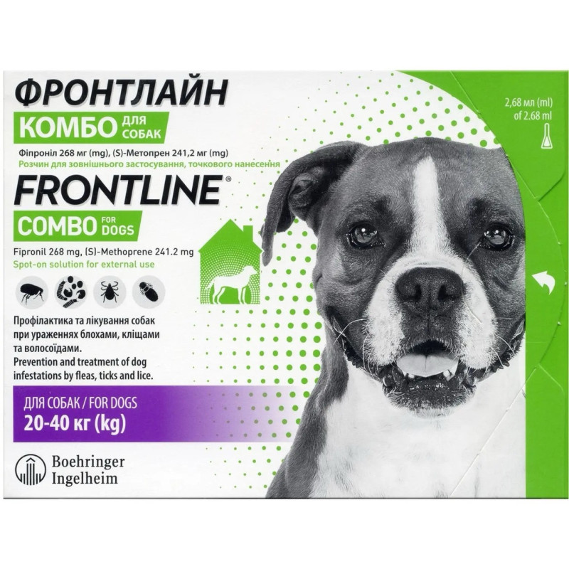 Frontline Combo (Фронтлайн Комбо) Boehringer Ingelheim капли от блох и клещей для собак весом 20 - 40 кг, 3 пип