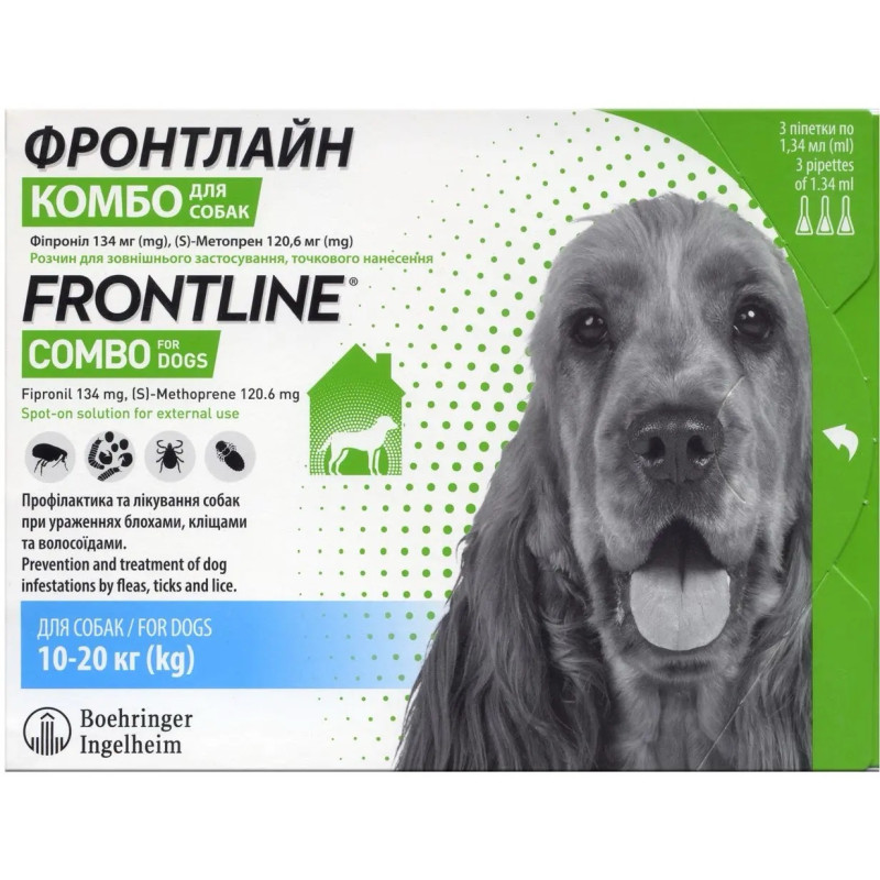 Frontline Combo (Фронтлайн Комбо) Boehringer Ingelheim капли от блох и клещей для собак весом 10 - 20 кг, 3 пип