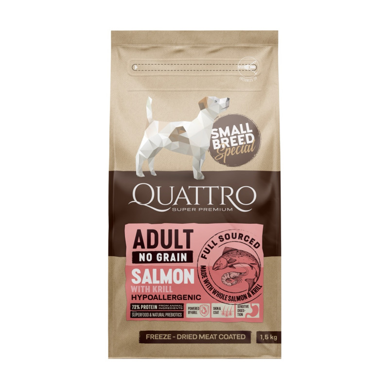 Quattro Adult Salmon Small Breed сухой корм для собак мелких пород с лососем и крилем, 1.5 кг
