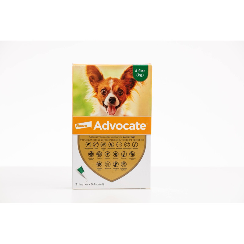 Advocate капли от блох, клещей, глистов для собак до 4 кг, 3 пип