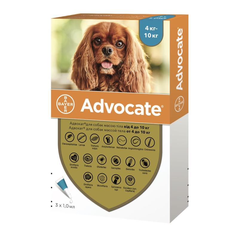 Advocate капли от блох, клещей, глистов для собак от 4 до 10 кг, 3 пип