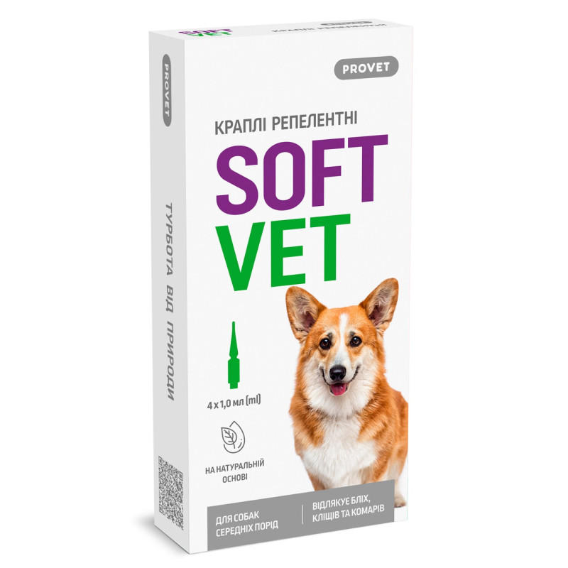 Provet Softvet капли от блох и клещей для собак средних пород, 4 шт х 1 мл