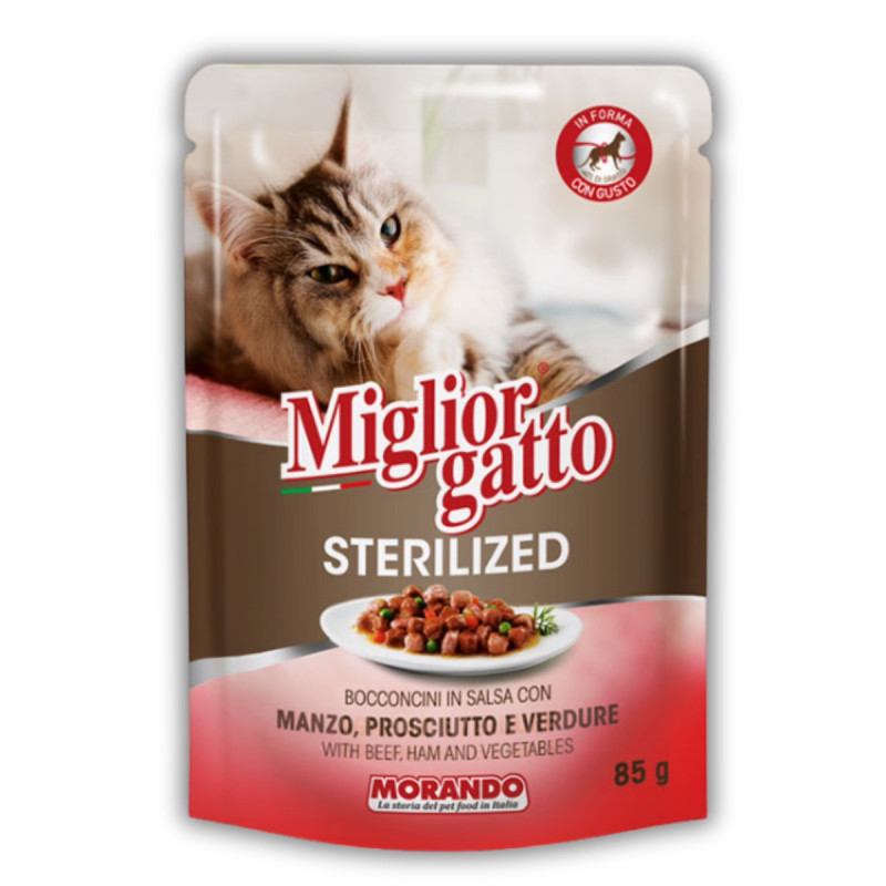 Morando Migliorgatto Sterilized влажный корм для стерилизованных котов с говядиной и ветчиной, 85 гр