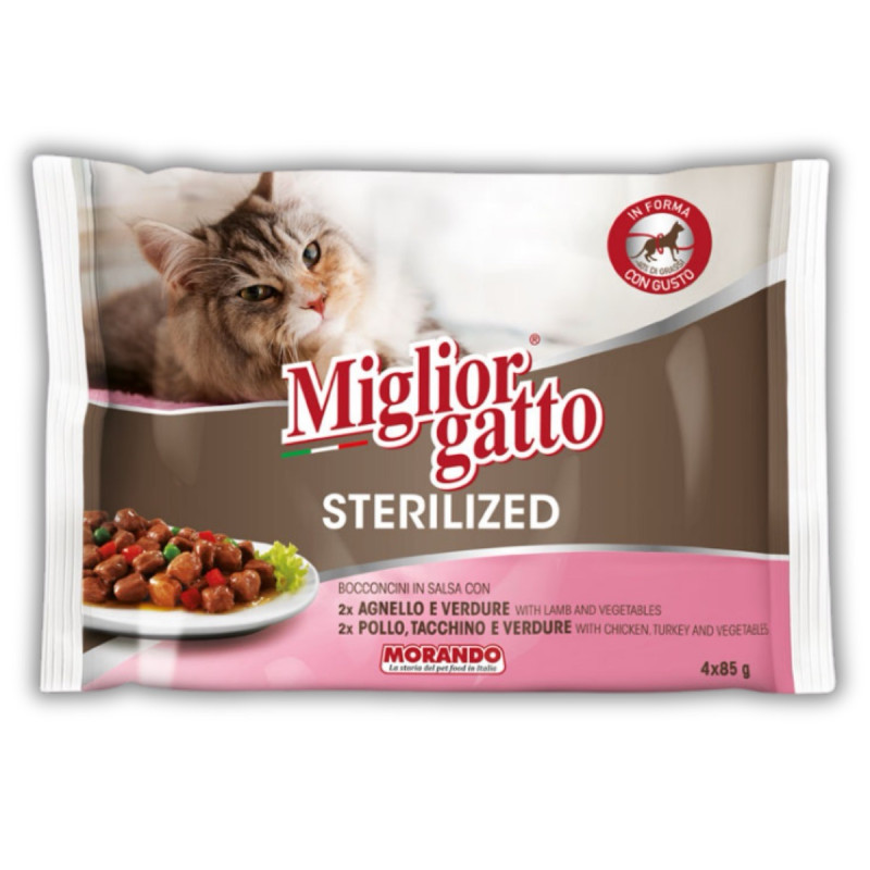 Morando Migliorgatto Sterilized набор влажного корма для стерилизованных котов с ягненком, курицей и индейкой, 85 гр х 4 шт