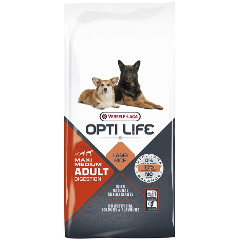 Opti Life Adult Digestion Medium & Max сухой корм с ягненком для собак средних и крупных пород, 12.5 кг